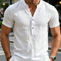 Men's White Stand Collar Henley Short Sleeve Shirt | SAMAG