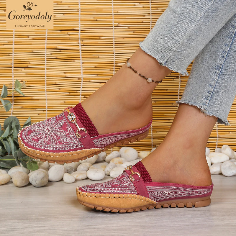 Goreyodoly women mule flats rhinestone cutout shoes chain detail elastic slip on wide fit lightweight soft sole comfort shoes
