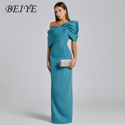 BEIYE Simple Blue Off The Shoulder Sheath Evening Dress | SAMAG