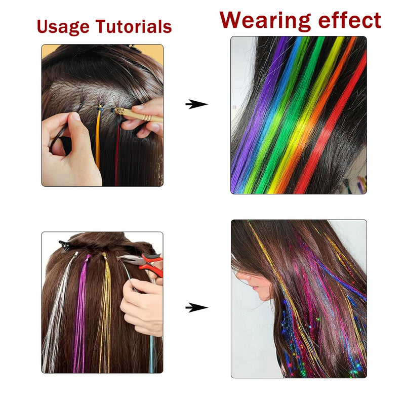48Pcs Women's Colorful Synthetic Hair Extensions Set 38 Colors Tinsel Wig 26 Colors Feather Extensions Tool Kit for Hairdressing
