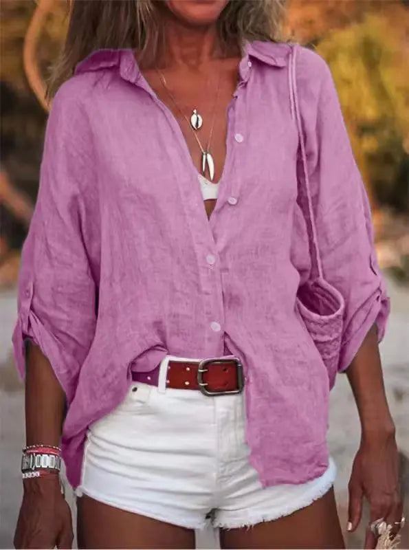 Women's Loose Fit Solid Color Long Sleeve Buttoned Blouse - View 6 | SAMAG