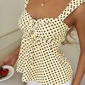 Women's New Marigold Yellow & Brown Polka Dot Cami Top, Ruffle Bow Tie Tank Top with Wide Straps, Suitable for Dating, Vacation,