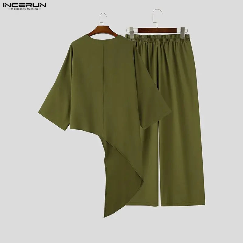 INCERUN Men's Sets Solid Color Loose Long Sleeve Irregular T Shirt Pants Two Piece Streetwear Casual - View 6 | SAMAG