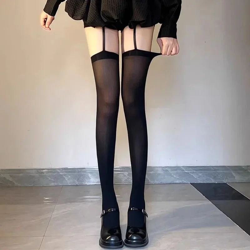 Sexy Suspender Thigh High Stockings Velvet Thin Black White Irregular Exposed Skin Lolita JK Japanese Knee High Socks Tight