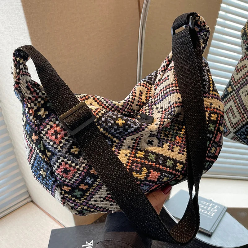 Vintage Female Shoulder Messenger Bag Trend Simple Zipper Handbags Ethnic-Style Canvas Shoulder Bag Small Tote Crossbody Bags