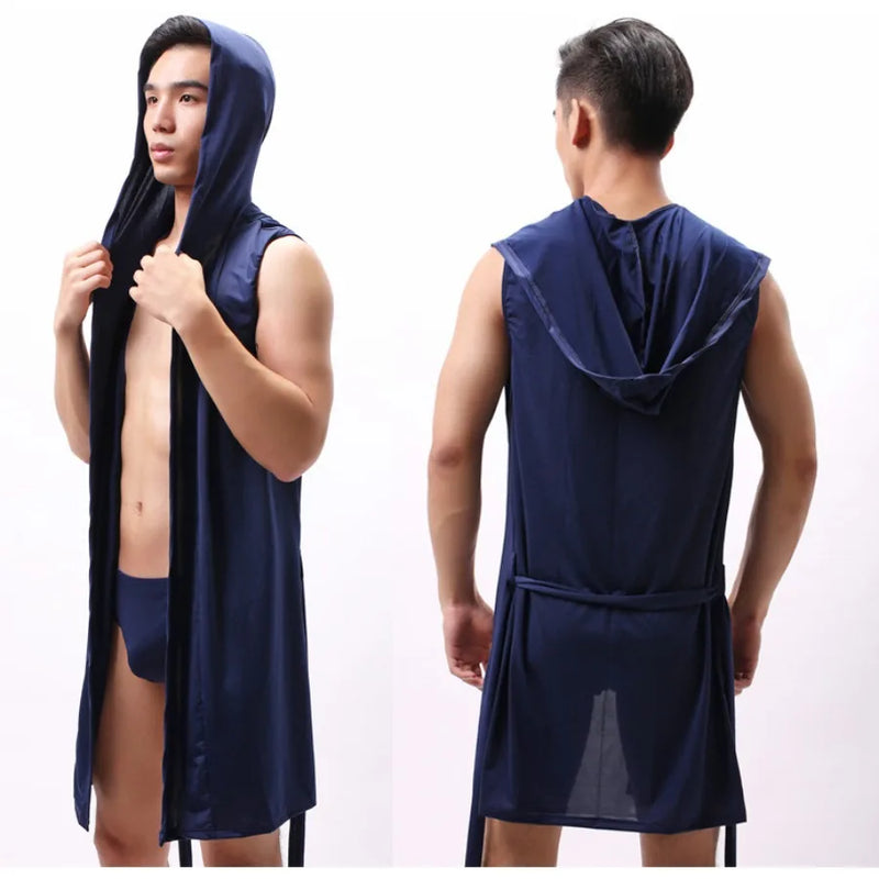 Men Hooded Bathrobes Summer Sleeveless Homewear Silk Pajamas Bathrobe Mens Robes Sleepwear Kimono Dressing Gown with Hood