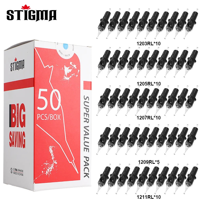 STIGMA 50PCS Mixed Professional Tattoo Cartridge Needles with Membrane Safety Cartridges Disposable Tattoo Needle