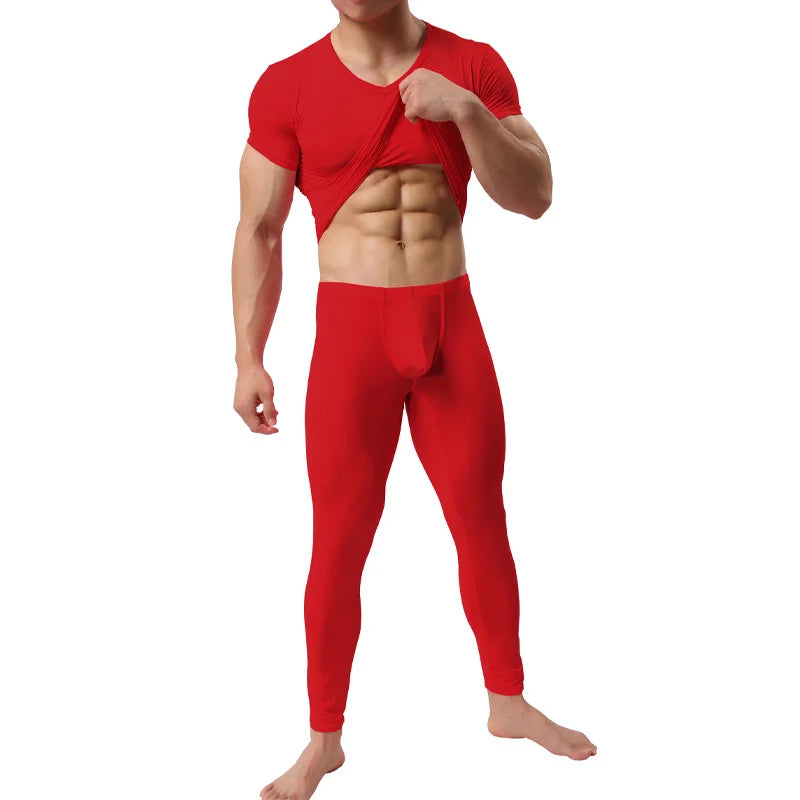 Warm Men Long Johns Ice Silky Ultra-Thin Thermal Underwear Men Underwear Long Johns Men Tops and Pants Set Long Johns Nightwear