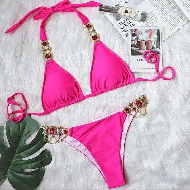 Halter Metal Chains Rhinestone Diamond Bikini Women | SAMAG
