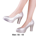 high quality leather shoe for women 6cm 8cm high heel platform point toe 32 33 42 43 elegant and fashion shoe black white silver