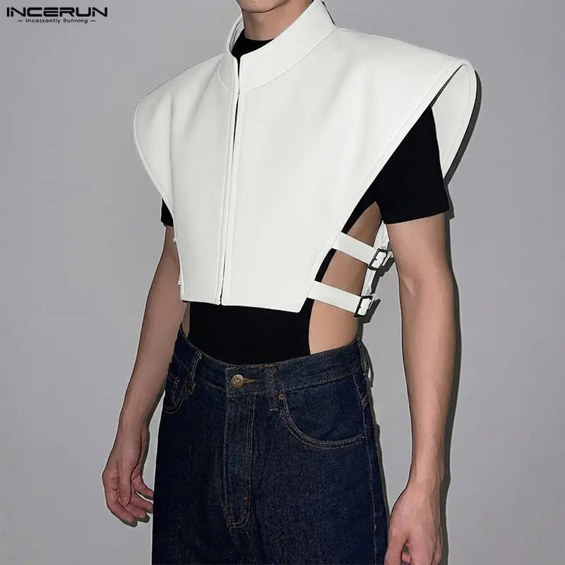 Men Vests Solid Color Stand Collar Sleeveless Zipper Irregular Waistcoats For Man INCERUN Loose Hollow Out 2026 Streetwear Tops