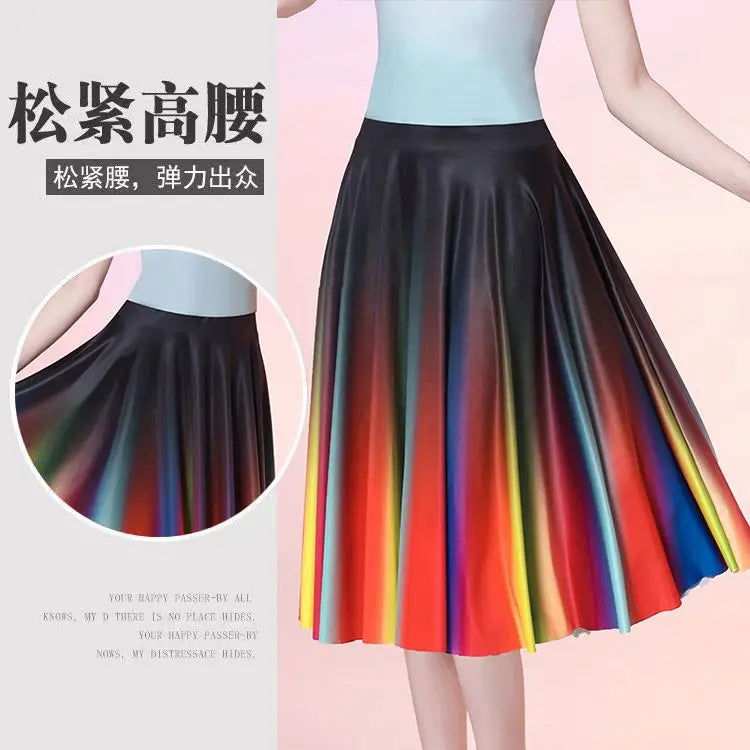 Colorful Gradient Long Skirt Summer Casual Dance Dress Loose Comfortable Stylish Outfit Middle Aged Elderly Dancing Wear Soft