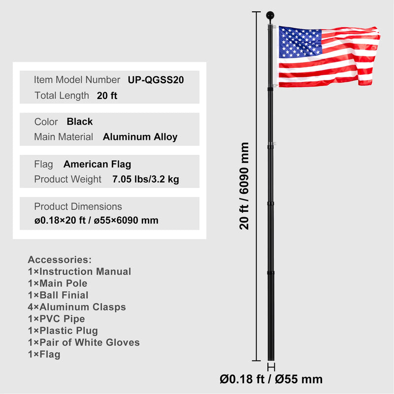 VEVOR 16/20/25/30ft Flag Pole for Outside House In Ground Thick Aluminum Flagpole Kit with 3x5American Flag for Yard Residential