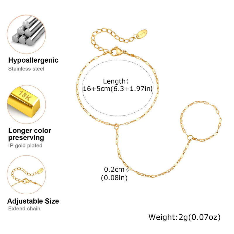 Luxury Minimalist Gold Plated Thin Chain Finger Ring Hand Bracelets for Women, Party Elegant Stainless - Visuel 6 | SAMAG