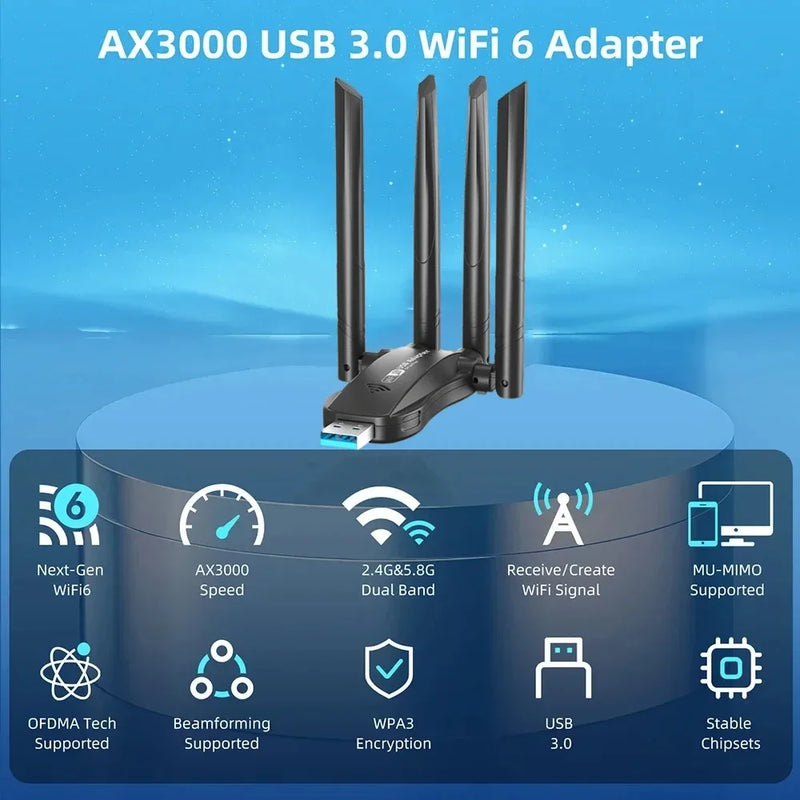 Kebidumei AX3000 WiFi6 USB Wireless Adapter Dual Band 2.4G/5GHz 3000Mbps Network Card for Desktop PC Win - Visuel 3 | SAMAG