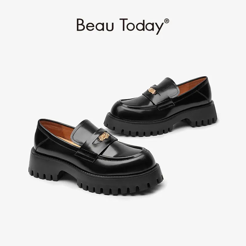 BeauToday Moccasin Loafers Women Genuine Cow Leather Penny Flats Round Toe Slip On Female Casual Platform Shoes Handmade 26569