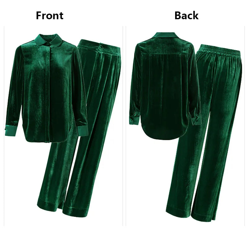Silk Velvet Spring Autumn Ladies Set Long Sleeves and Trousers Two Pieces Elegant Temperament Light Luxury Outdoor Women's Wear
