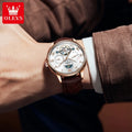 OLEVS 7009 Business Skeletonizing Mechanical Watch Gift Round-dial Genuine Watchband Wristwatch Week Display Calendar Men Watch