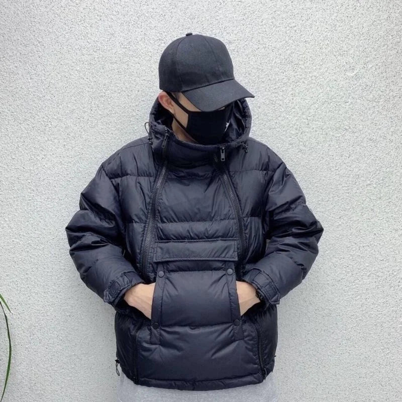 Tactical Double Zip Jacket Hooded Parkas Men Winter Down Cotton Coat Black Pullover Glossy Padded Jackets Casual Warm Outerwear