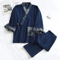 Men Japanese Kimono Pajamas Set Cotton Robe Pants Kimono Haori Yukata Nightgown Sleepwear with Pocket Lace Up
