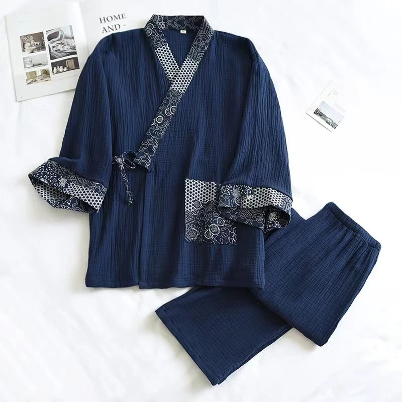 Men Japanese Kimono Pajamas Set Cotton Robe Pants Kimono Haori Yukata Nightgown Sleepwear with Pocket Lace Up