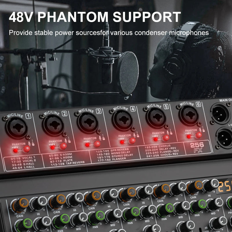 LEUS AU6 Channel Audio Mixer with 256 DSP Effects - 48V Phantom Power, Bluetooth & USB Connectivity, Supports PC Recording, DJ M