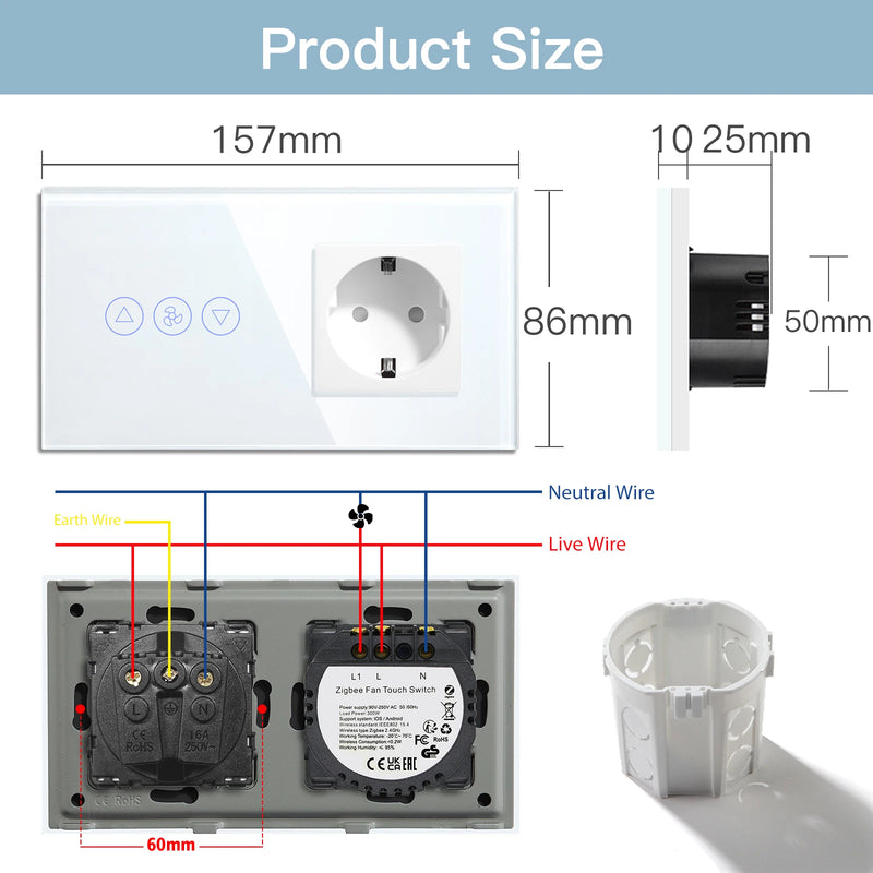 BSEED Zigbee Fans Switches Smart Wall Touch  Speed Control Switch With EU Socket Support Tuya Smart Life Alexa Voice Control