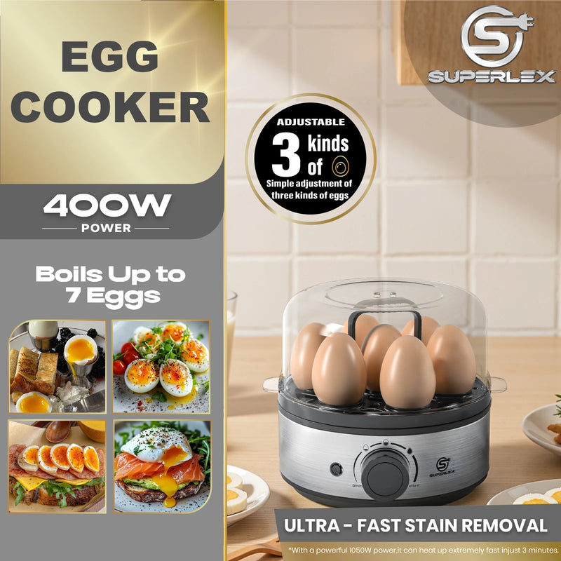 SUPERLEX 400W Power EGG COOKER with Large Capital Boils Up to 7 Eggs Smart Power Off Easy to Clean and Better Safeter For Family