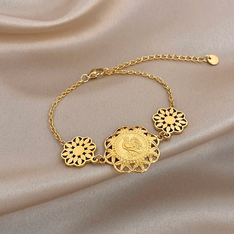 Vintage Gold Plated Stainless Steel Coins Wrist Bracelet for Women Men Classic Ethnic Cuff Bracelets Waterproof Jewelry