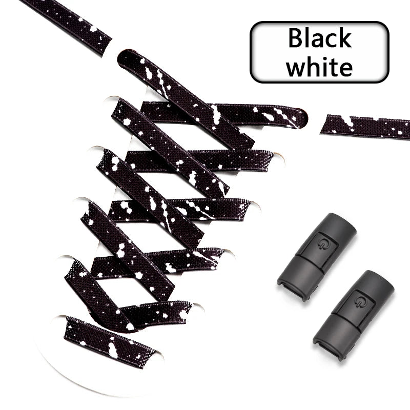 No Tie Shoelaces for Sneakers Colorful Press Metal Lock Shoelace Splashing Ink Print Flat Elastic Laces Without Ties Shoe Laces