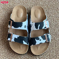 KZZO Horse Hair Genuine Leather Women Mules And Clogs Adjustable Buckle Cork Footbed Comfort Casual Outdoor Slippers Non-Slip