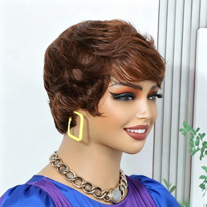 4# Chocolate Brown Pixie Cut Wigs For Ladies Short Layered Real Human Hair With Bangs Professional Machine Crafted Fashion Daily