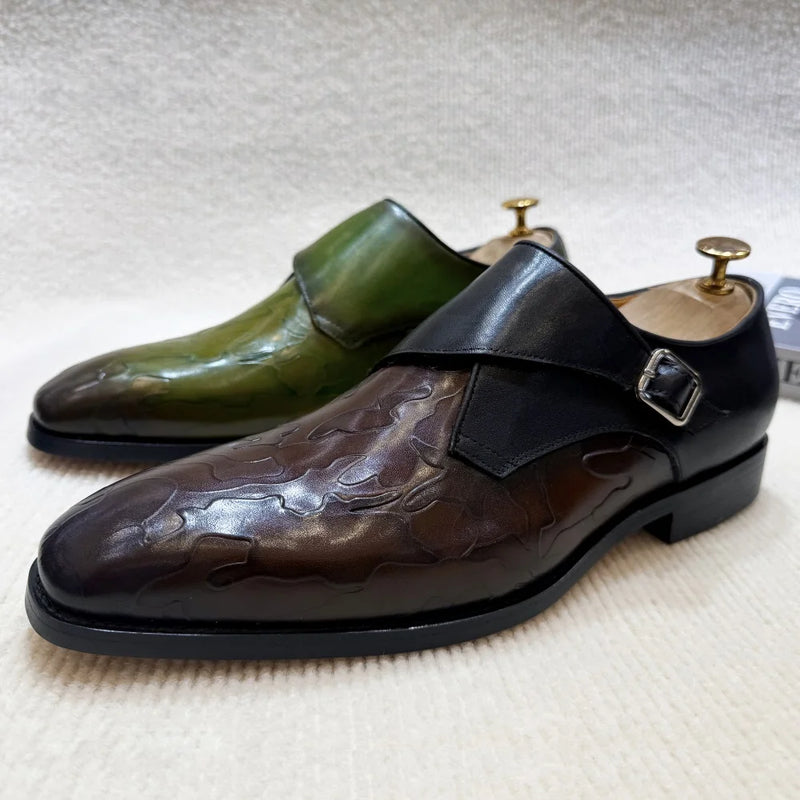 British Style Calfskin Monk Shoes Men's Loafers Green Slip-on Formal Party Shoes Men's Buckled Suit Dress Shoes