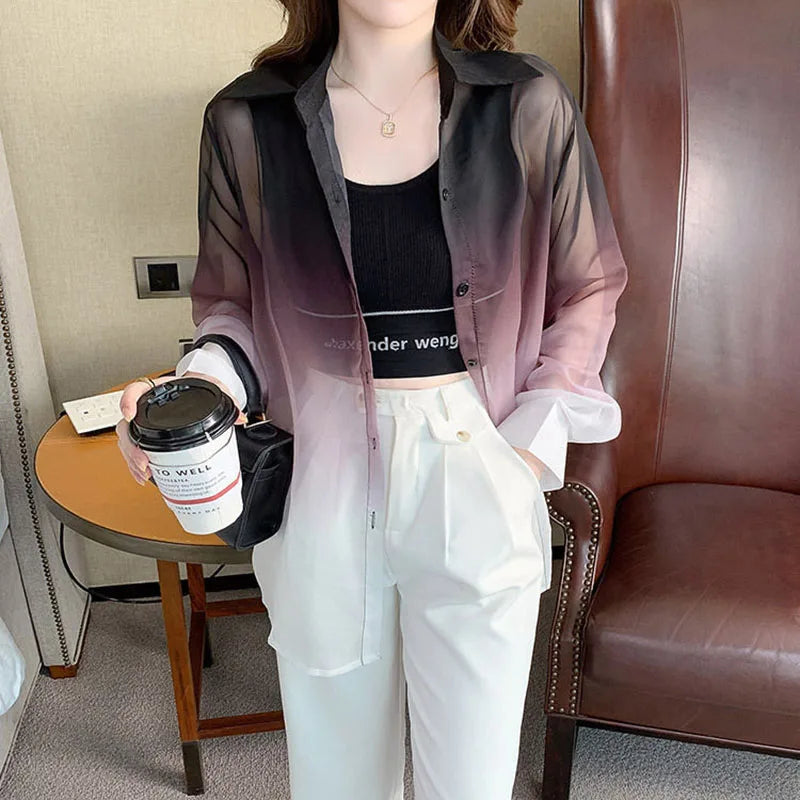 Fashion Gradient Color Chiffon Shirt Women Summer Tie Dye - View 6 | SAMAG