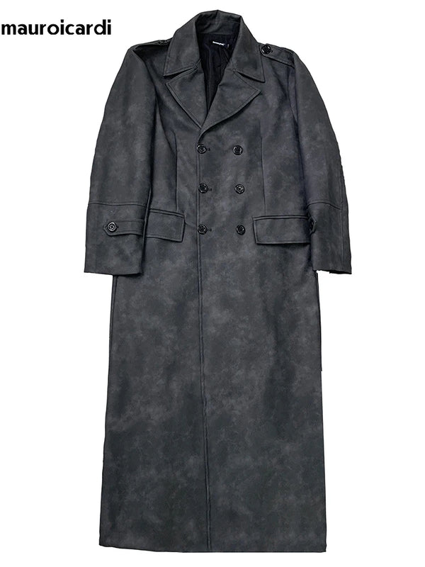 Mauroicardi Spring Autumn Extra Long Distressed Pu Leather Trench Coat Men Belt Double Breasted Luxury Designer Clothes Fashion