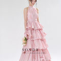 Sondr Tiered Pink Taffeta Halter Wedding Snap Dresses - View 5 | SAMAG