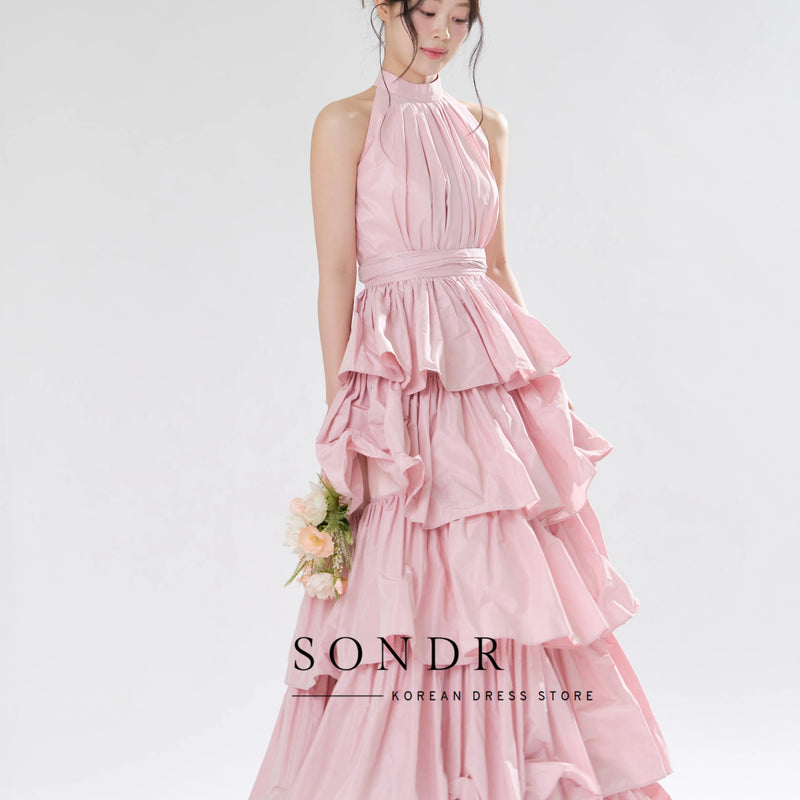 Sondr Tiered Pink Taffeta Halter Wedding Snap Dresses - View 5 | SAMAG