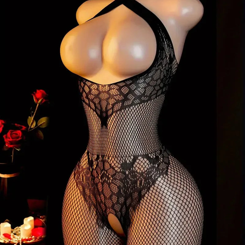 Sling Halter Neck Baby Dolls Underwear Fishnet Hollow Bodystockings Sexy Lingerie Women Cross Legged Crotchless Babydolls Dress