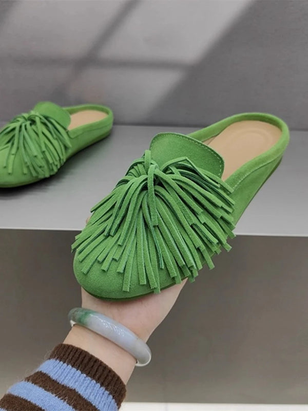 DIMANYU Women's Mules Shoes Genuine Leather 2026 New  Women Slippers Flat Tassel Closed-Toe Female Large Size Slippers Women 