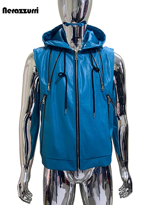 Nerazzurri Summer Autumn Short Blue Pu Leather Vest for Men with Drawstring Hood Zipper Sleeveless Jacket Men Menswear Clothing