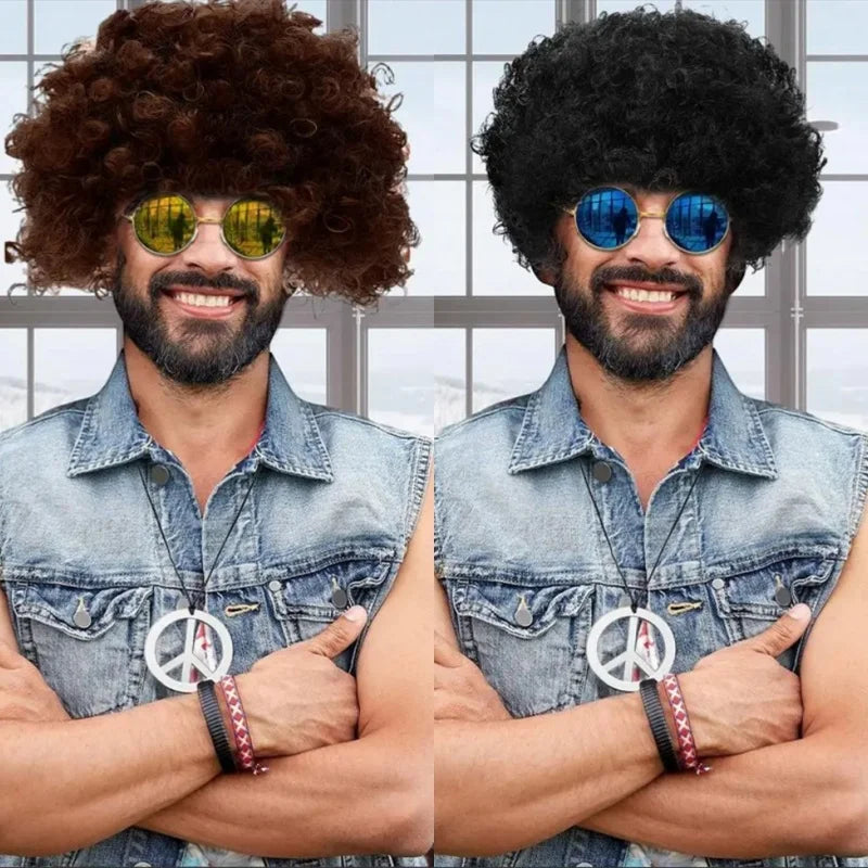 Men Synthetic Wig Hat Curly Hair Cap Sunglasses Necklace 3 PCS Set Funny 70s Disco Hippie Hair Props Party Hip Hop Dance Costume