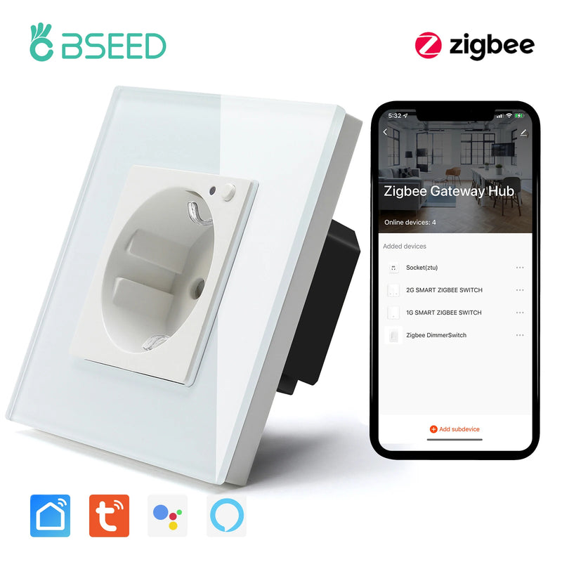 BSEED 1/2/3Gang Zigbee Touch Switch Wall Light Switch With Smart EU Socket Support Google Alexa Tuya Control No Neutral Line