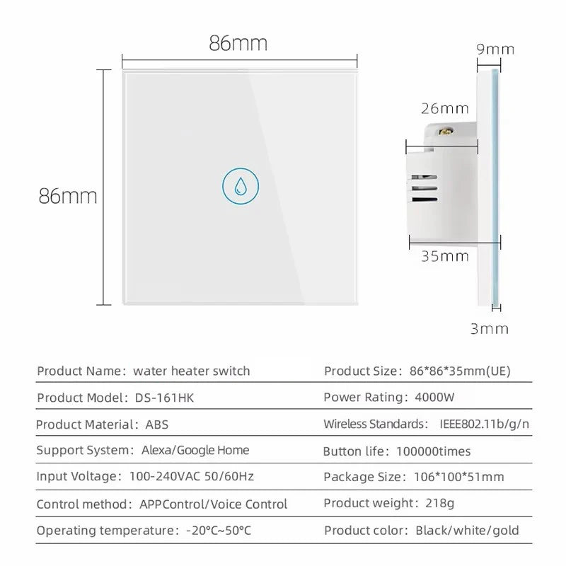 Tuya Smart Water Heater Switch WIFI Touch Sensor 4000W/8800W 20A/40A Boiler Switch Wall Smart Home Siri Voice Control