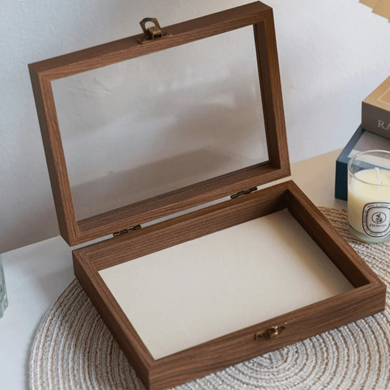 Retro Elegant Wood Jewelry Box Glass Lid Dust-proof Jewelry Organizer Velvet Storage Box Ring Display Holder Desk