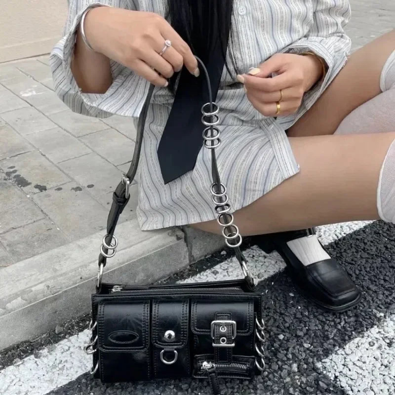Meet You Y2K Vintage Gothic Black Shoulder Bag for Women Punk Cool Girls Multi-pocket Pu Leather Underarm Bag Trend Tote Bag