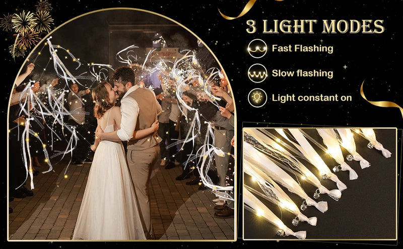 12-60Pcs Light Up Wedding Sparklers LED Wedding Wands Streamers Silk Fairy Wands with Bells  for Wedding Birthday Party Supplies