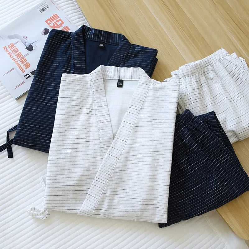 Japanese 100% cotton kimono robes men pajamas sets simple Fashion striped short sleeve trousers Bathrobes men plus size