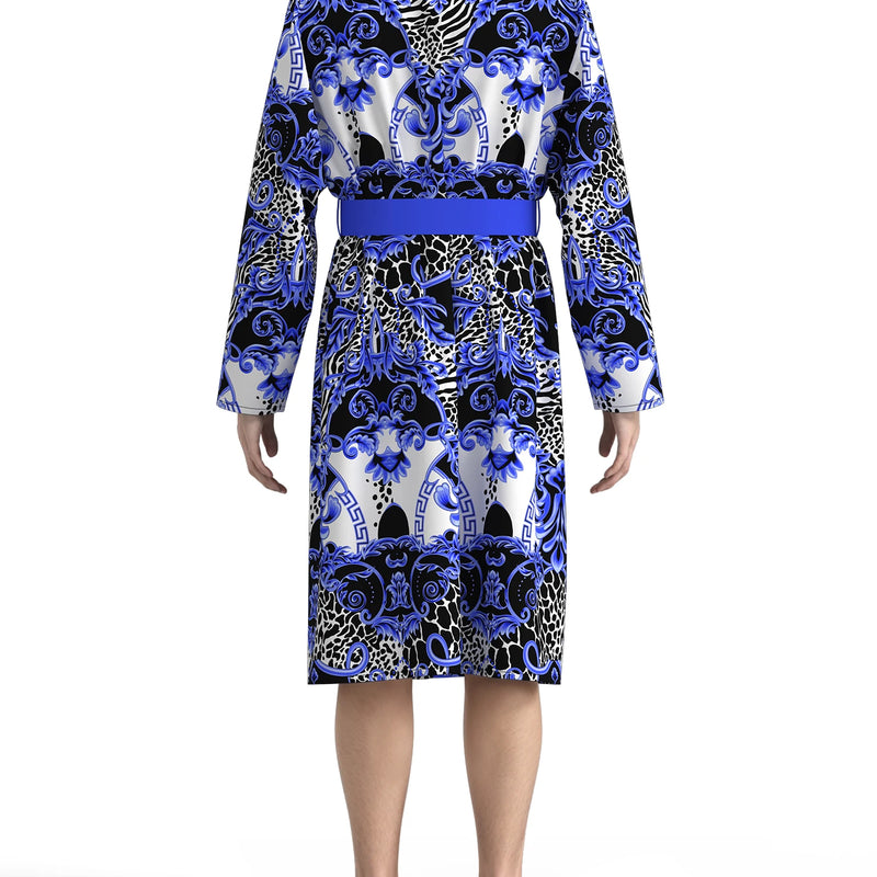 Men's blue and white baroque print bathrobe, light luxury leopard print floral long-sleeved home clothes, casual nightgown