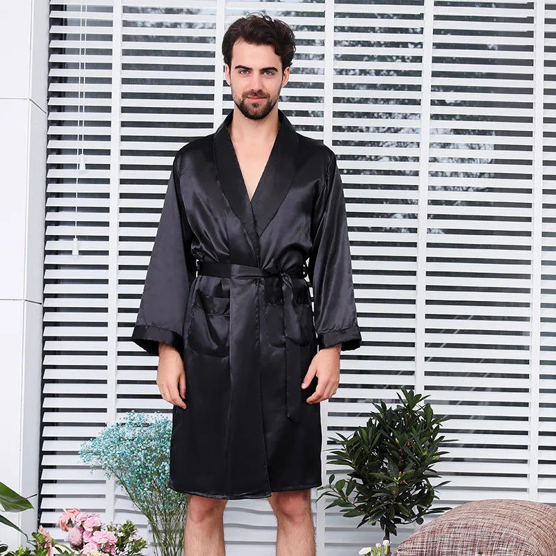 Men Summer Satin Bathrobe Shorts Robe Suit Thin Ice Silk Pajamas 5XL Plus Size Bathrobe Kimono Sleepwear Soft Bath Gown Male
