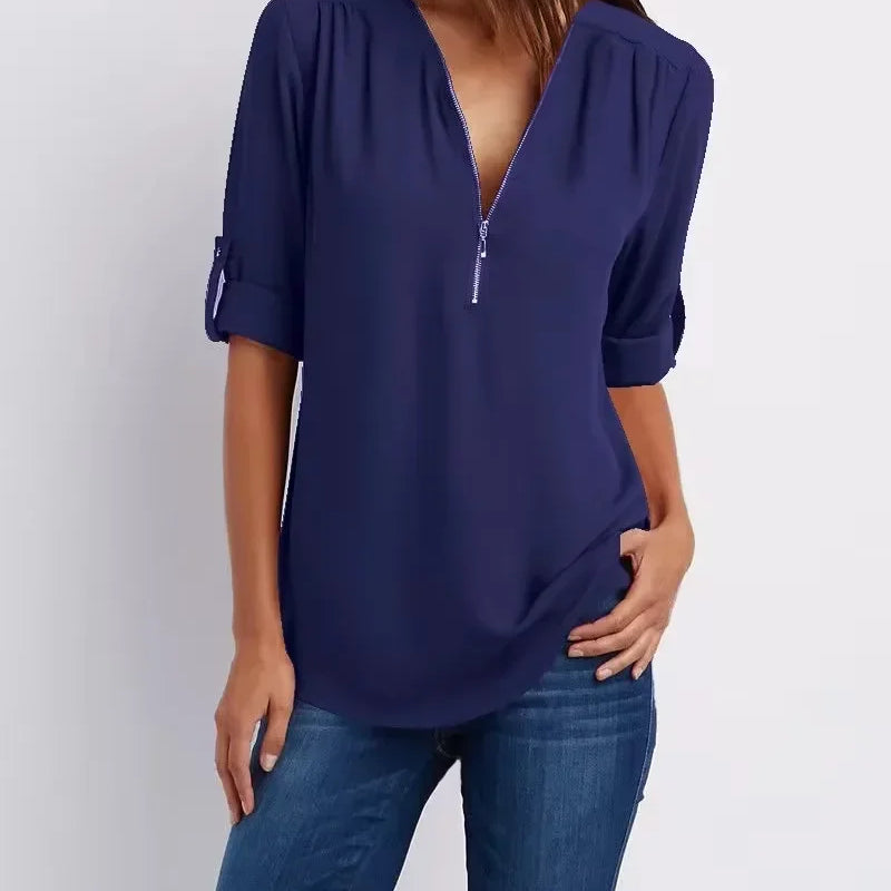 Women Cool Loose Shirt Deep V Neck Chiffon Fashion Blouse - View 8 | SAMAG